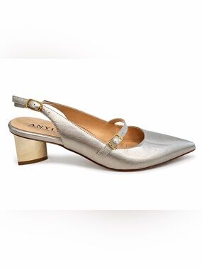Anyi Lu Silver Metallic Pointed Slingback Mary Jane Pumps